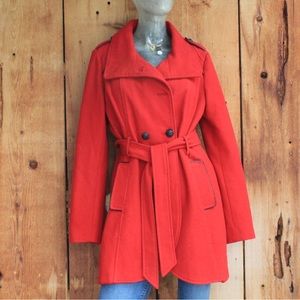 Red felt pea coat jacket with all buttons and wrap around tightening strings